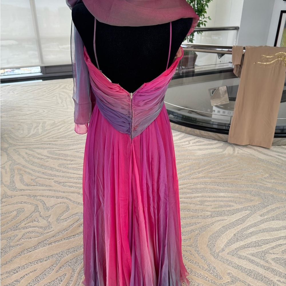 💕 Soo Yung Lee Vintage Silk Pink Ombré Spaghetti strap Ruched Gown with scarf - Picture 6 of 6